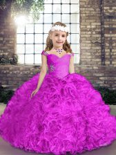 Graceful Straps Sleeveless Lace Up Kids Formal Wear Fuchsia Fabric With Rolling Flowers