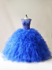  Scoop Sleeveless Tulle Quinceanera Gown Beading and Ruffles Lace Up