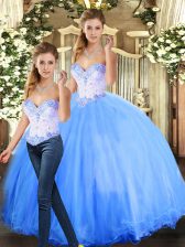 Modern Blue Sweetheart Neckline Beading Ball Gown Prom Dress Sleeveless Lace Up