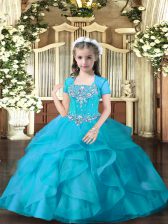 Floor Length Lace Up Pageant Gowns Aqua Blue for Party and Sweet 16 and Wedding Party with Beading and Ruffles