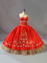  Red Lace Up Sweet 16 Dress Embroidery Sleeveless Floor Length