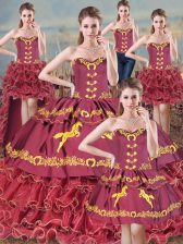 Sophisticated Burgundy Sweetheart Lace Up Embroidery and Ruffles Quinceanera Dresses Sweep Train Sleeveless