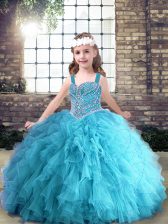  Sleeveless Tulle Floor Length Lace Up Little Girls Pageant Dress Wholesale in Aqua Blue with Beading and Ruffles