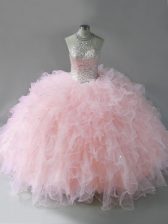 Luxurious Beading and Ruffles 15 Quinceanera Dress Pink Lace Up Sleeveless Floor Length