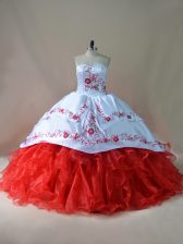  Sweetheart Sleeveless Court Train Lace Up Sweet 16 Dresses White And Red Satin and Organza