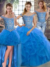  Tulle Off The Shoulder Sleeveless Brush Train Lace Up Beading and Ruffles Quinceanera Gowns in Blue