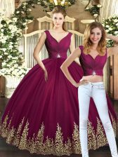 Popular Two Pieces 15 Quinceanera Dress Burgundy V-neck Tulle Sleeveless Floor Length Backless