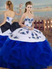 Spectacular Sleeveless Floor Length Embroidery and Ruffles and Bowknot Lace Up Vestidos de Quinceanera with Royal Blue