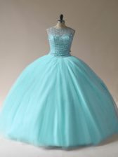 Discount Beading Sweet 16 Dresses Aqua Blue Lace Up Sleeveless Floor Length
