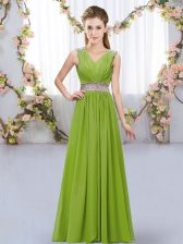  V-neck Sleeveless Dama Dress for Quinceanera Floor Length Beading and Belt Olive Green Chiffon