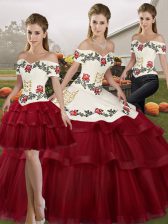  Wine Red Three Pieces Off The Shoulder Sleeveless Tulle Brush Train Lace Up Embroidery and Ruffled Layers Quinceanera Dress