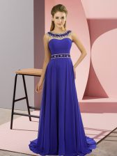 Modest Blue Sleeveless Chiffon Brush Train Zipper Prom Evening Gown for Prom and Party