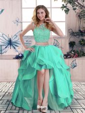  Beading and Lace and Ruffles Prom Dresses Apple Green Zipper Sleeveless High Low