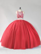  Red Tulle Backless Sweet 16 Dresses Sleeveless Floor Length Beading