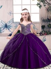 Nice Floor Length Lace Up Little Girls Pageant Dress Wholesale Eggplant Purple for Party and Sweet 16 and Wedding Party with Beading