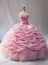 Cute Sleeveless Organza Floor Length Lace Up Ball Gown Prom Dress in Pink with Beading and Pick Ups