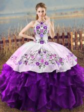  White And Purple Halter Top Neckline Embroidery and Ruffles Quince Ball Gowns Sleeveless Lace Up