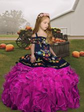 Beauteous Fuchsia Girls Pageant Dresses Party and Wedding Party with Embroidery and Ruffles Straps Sleeveless Lace Up