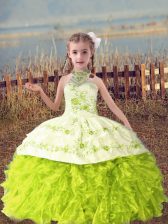 Perfect Yellow Green Sleeveless Beading and Embroidery and Ruffles Floor Length Little Girls Pageant Dress