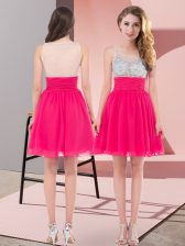  Hot Pink Chiffon Side Zipper Vestidos de Damas Sleeveless Mini Length Beading