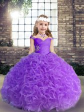 Latest Purple Straps Neckline Beading and Ruching Little Girl Pageant Gowns Sleeveless