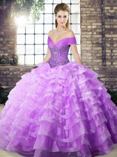 Shining Lavender Organza Lace Up Off The Shoulder Sleeveless Sweet 16 Dresses Brush Train Beading and Ruffled Layers
