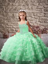 Stylish Organza Straps Sleeveless Brush Train Lace Up Beading and Ruffled Layers Child Pageant Dress in Apple Green