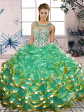 Wonderful Turquoise Sleeveless Beading and Ruffles Floor Length Quinceanera Gowns