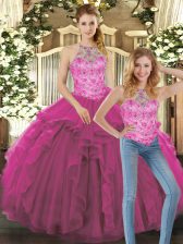  Fuchsia Tulle Lace Up Halter Top Sleeveless Floor Length Quince Ball Gowns Beading and Ruffles