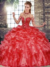  Coral Red Sleeveless Organza Lace Up Ball Gown Prom Dress for Military Ball and Sweet 16 and Quinceanera