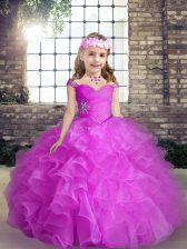  Sleeveless Organza Floor Length Lace Up Custom Made Pageant Dress in Fuchsia with Beading and Ruffles