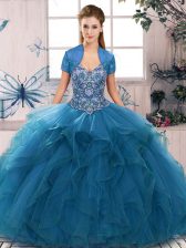 Beautiful Sleeveless Tulle Floor Length Lace Up 15 Quinceanera Dress in Blue with Beading and Ruffles
