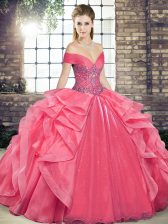 Clearance Coral Red Off The Shoulder Neckline Beading and Ruffles Sweet 16 Quinceanera Dress Sleeveless Lace Up
