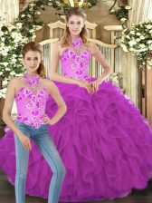  Fuchsia Sleeveless Tulle Lace Up Quinceanera Gowns for Military Ball and Sweet 16 and Quinceanera
