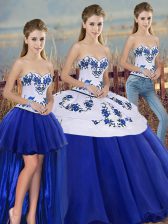  Tulle Sweetheart Sleeveless Lace Up Embroidery and Bowknot Quinceanera Dress in Royal Blue