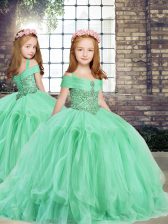  Straps Sleeveless Little Girl Pageant Gowns Floor Length Beading and Ruffles Apple Green Tulle