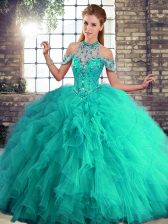  Halter Top Sleeveless Tulle Vestidos de Quinceanera Beading and Ruffles Lace Up