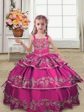 High Quality Sleeveless Lace Up Floor Length Embroidery and Ruffled Layers Girls Pageant Dresses