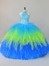 Sexy Multi-color Lace Up Quinceanera Gown Beading and Ruffles Sleeveless Floor Length