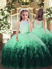 Affordable Multi-color Ball Gowns Tulle High-neck Sleeveless Ruffles Floor Length Backless Little Girl Pageant Dress