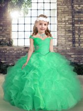  Apple Green Little Girl Pageant Dress Party and Beach with Beading and Ruffles and Ruching Straps Sleeveless Lace Up