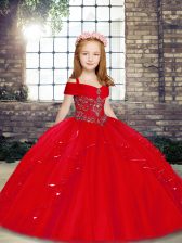  Red Ball Gowns Straps Sleeveless Tulle Floor Length Lace Up Beading Kids Pageant Dress
