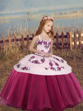  Straps Sleeveless Girls Pageant Dresses Floor Length Embroidery and Bowknot Fuchsia