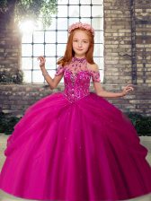  Sleeveless Tulle Floor Length Lace Up Little Girls Pageant Gowns in Fuchsia with Beading