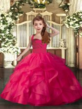  Floor Length Ball Gowns Sleeveless Coral Red Little Girl Pageant Dress Lace Up