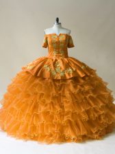 Beauteous Floor Length Gold Quinceanera Gowns Organza Sleeveless Embroidery and Ruffled Layers