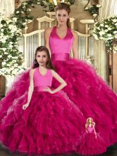  Fuchsia Ball Gowns Ruffles 15th Birthday Dress Lace Up Tulle Sleeveless Floor Length