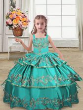  Turquoise Ball Gowns Satin Straps Sleeveless Embroidery and Ruffled Layers Floor Length Lace Up Kids Formal Wear