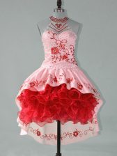 Enchanting Red Ball Gowns Embroidery and Ruffles Prom Party Dress Lace Up Satin and Organza Sleeveless High Low