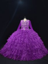  Floor Length Ball Gowns Long Sleeves Purple Quince Ball Gowns Lace Up